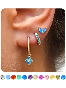 3 Pairs Dainty Gold/Silver Three Hole Birthstone Earrings Set for Multiple Piercing Non Tarnish 14k Gold Plated Hypoallergenic Cartilage Small Hoop Stud Earrings Stacks Set for Women Birthday Gifts