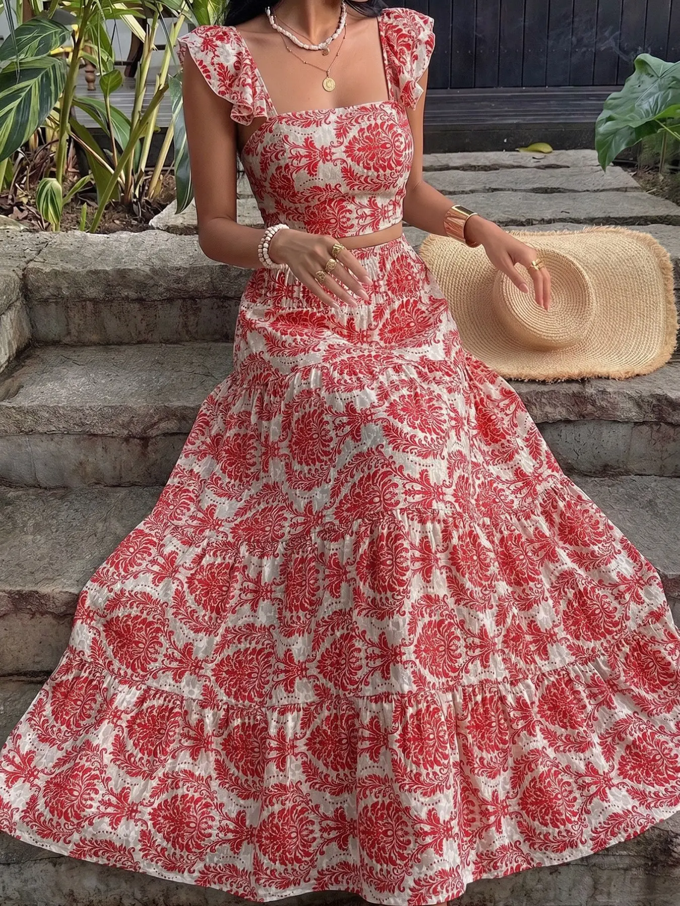 Women's New Elegant Casual Bohemian Boho Resort Style Vibe Ruffled Square Neck Ruffle Sleeve Tie Front Tank Top Two-Piece Set, Printed Flowy Skirt