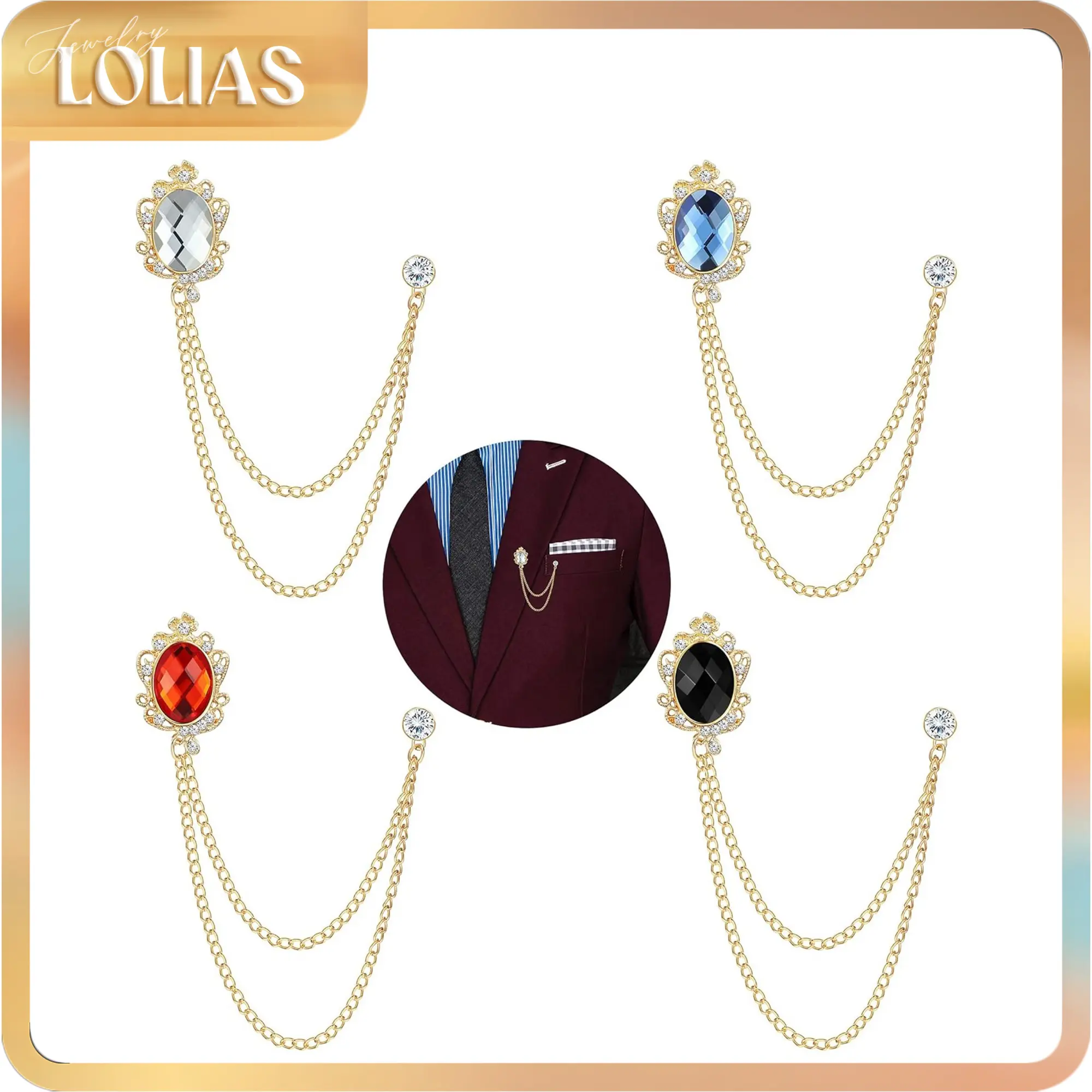 LOLIAS 4-Piece Drop Set Pins, Men's Durable Metal Lapel Pins with Gemstone and Chain Tassel for Suits, Shirts, and Collars, Durable Metal Pins
