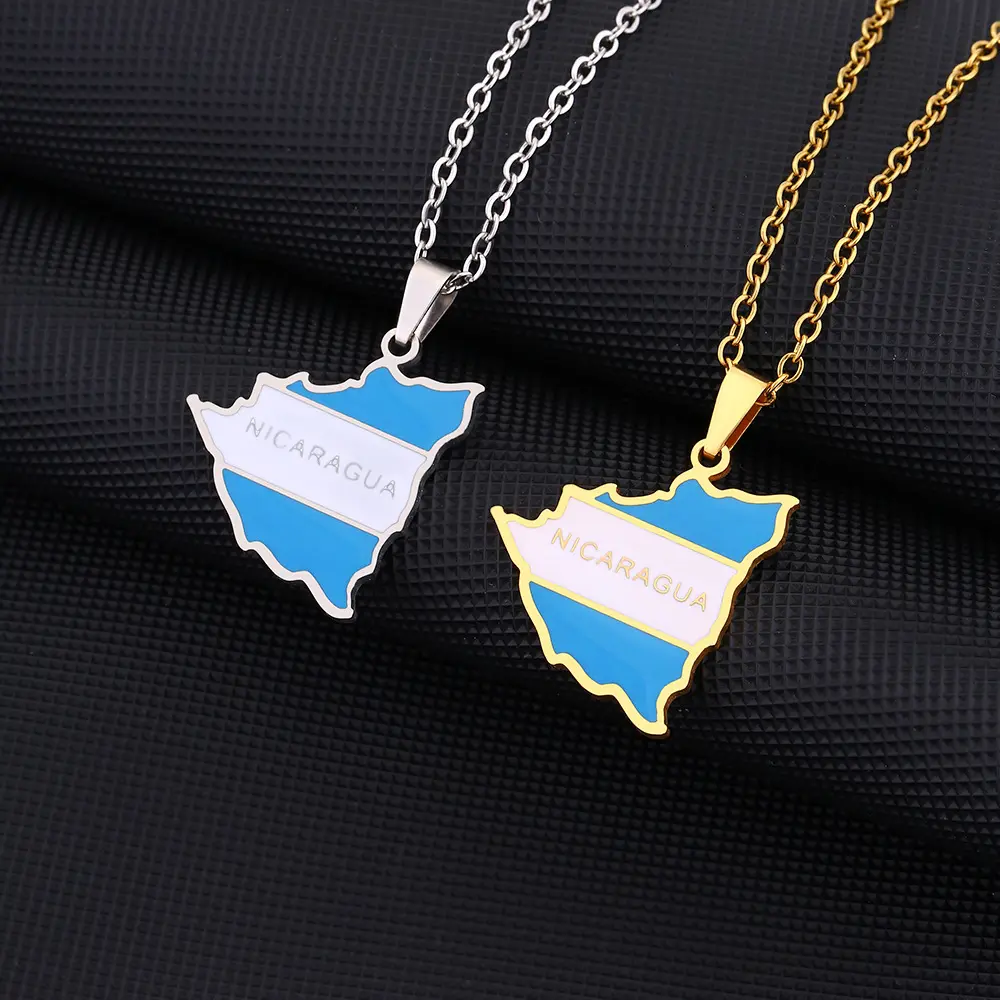 Chain Necklace with Stainless Steel Nicaragua Map Pendant - Geometric Costume Jewelry, Gift-Ready Couple Matching Sets, Fashion Accessory Necklace, Birthday, Gift Necklace, Casual