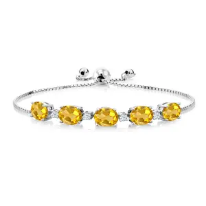 GEM STONE KING 925 Sterling Silver Tennis Bracelet for Women, Elegant 6.70 Cttw Oval Yellow Citrine, Adjustable Birthstone Jewelry up to 9 Inches, Statement Piece