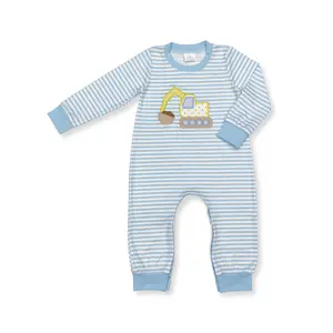 Striped embroidery excavator Print long sleeve OnePieces boy  clothes