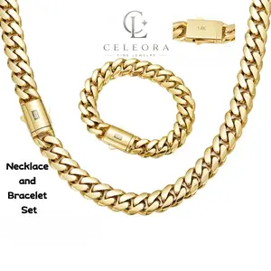 14K Gold Plated Steel Stainless Cuban【Set】 Necklace Bracelet Set Vacuum Stainless Steel electroplating gold-plating process for rust prevention Miami hip-hop style fashion items for Women & Men Daily Wear Fashion Gift Simple Sporty