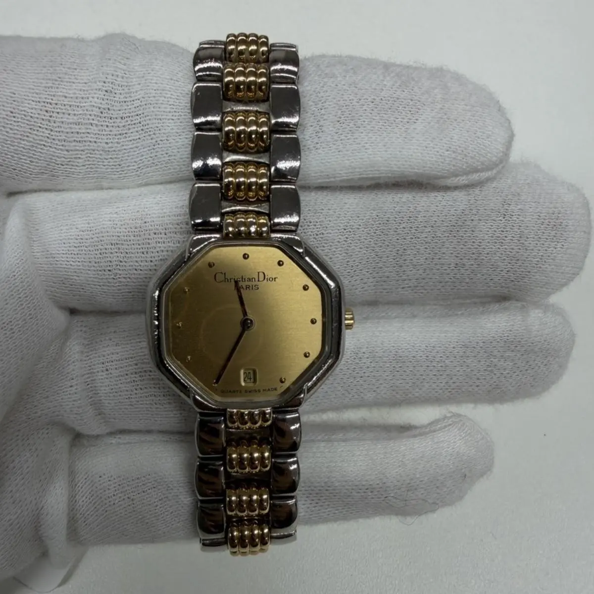Pre-owned Dior As Shown Shoulder Bags Christian Vintage Octagonal Two Tone Quartz Watch Gold Dial Date 16cm 13609