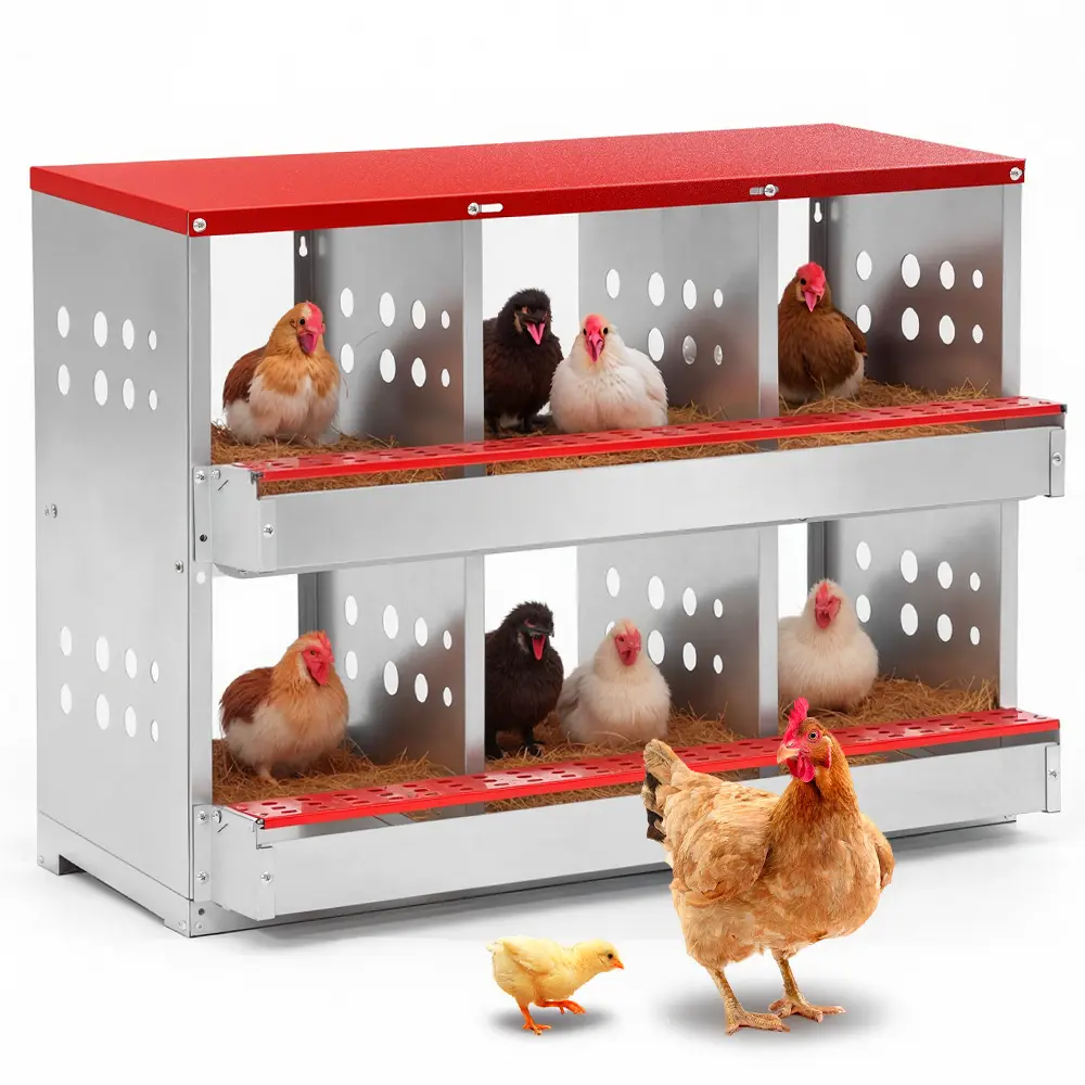 CAVEEN Metal Nesting Boxes for Backyard Poultry - 6 Compartments, 13x11x10.6in, Roll-Away Hack to Collect Fresh Clean Eggs, Shielded Tray, Perch, Lid, Wall Mount/Stand, Easy Installation, Encourages Consistent Egg Production, Beginner-Friendly