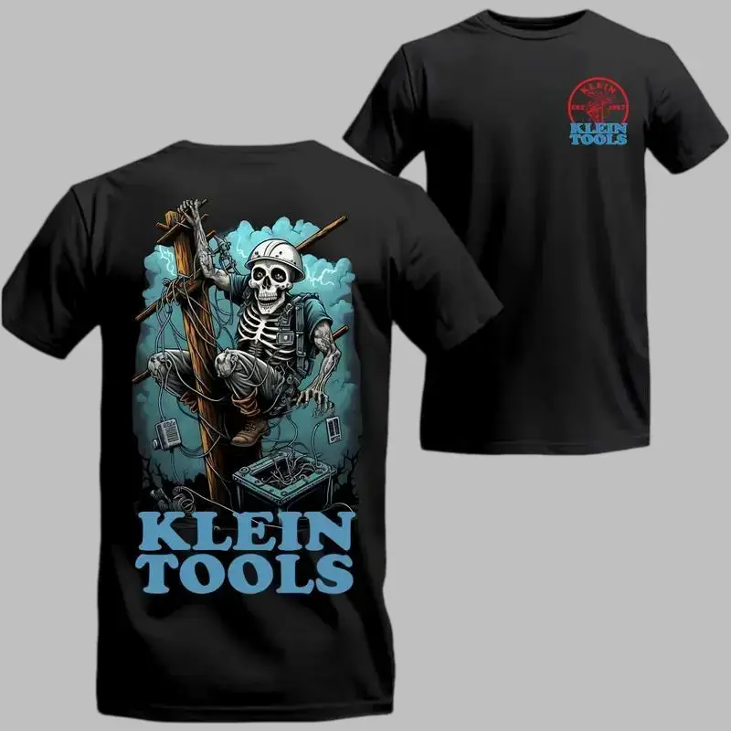 Klein Tools T-Shirt – Skeleton Lineman on Utility Pole Graphic, Perfect Gift for Electricians and Linemen, Men's Cotton Tee