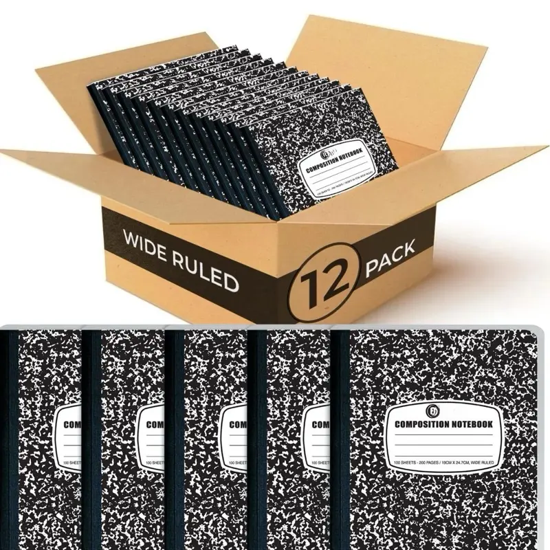 Premium Wide Ruled Composition Notebook 12 Pack 100 Pages 6-3/4 x 9-3/4 Inches Black Marble Cover School Supplies