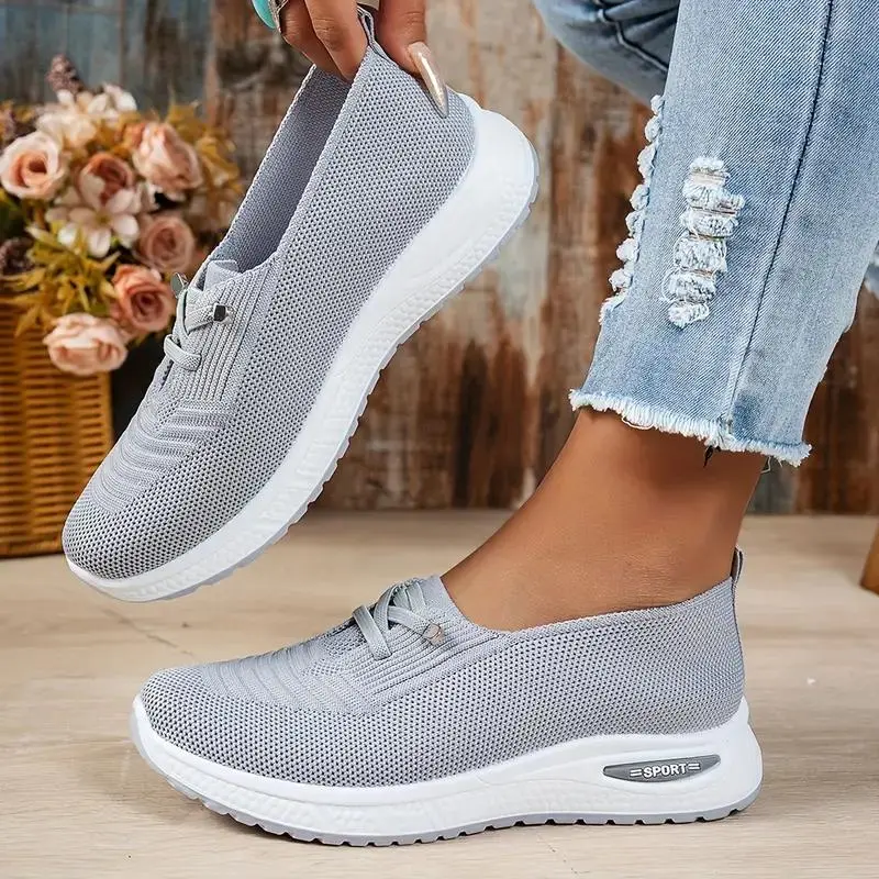 Women's Knit Mesh Wedge Sneakers, Elastic Lace-Up Breathable Slip-On Shoes, Lightweight Non-Slip Casual Trainers for All-Day Wear