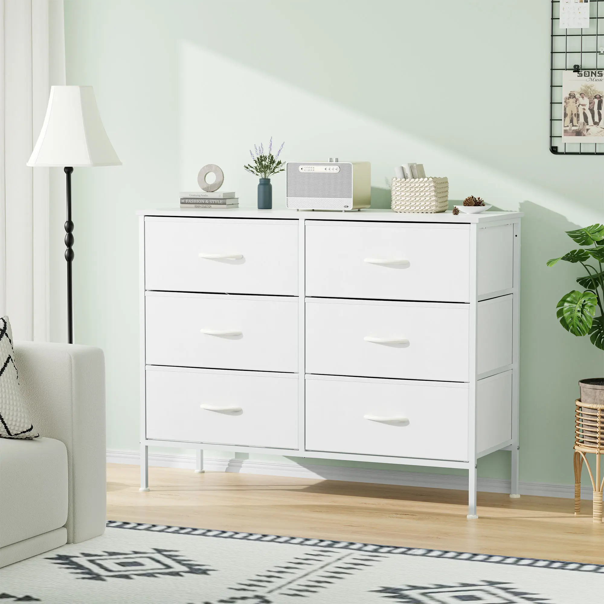 【Deal】SweetFurniture 6-Drawer Wide Fabric Cupboards Cabinets Dresser - Metal Frame, Wooden Top, 45" Max TV Stand Fit, Modern Storage Cabinet, Sideboard with Storage, Organizer for Living Room, Bedroom