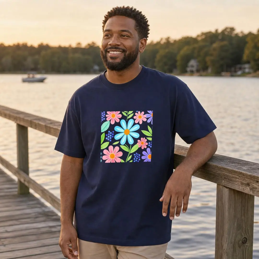 XTAUTO, Vibrant Floral Graphic Design, Unisex T-Shirt, Colorful Flower Pattern, Summer Outdoor Lakeside Wear, Gift For Friends And Family