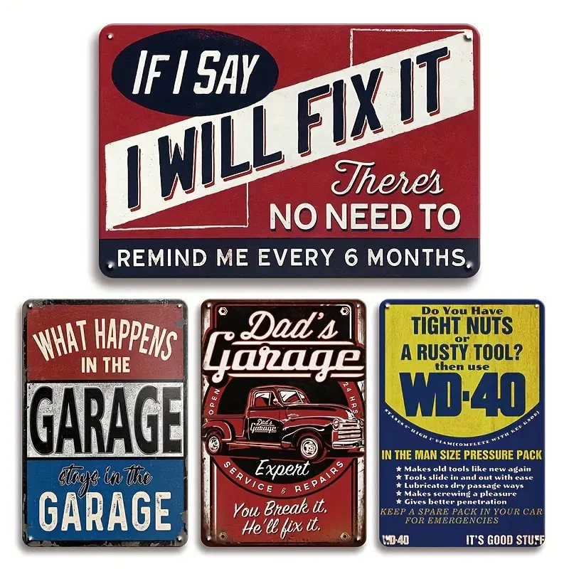 4pcs High-Quality Iron Vintage Tin Signs Set - 20x30cm(8x12in) Retro Garage Wall Art Plaques, Home Decor Products, Wardrobe/Bathroom Decor, Gift for Beer Lovers & Fathers, Indoor Home Decoration