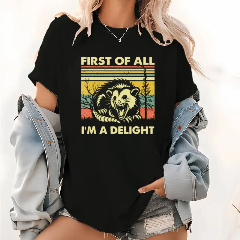 Retro Sunset Opossum Original Graphic Tee - Polyester Knitting Ditsy Print, High-Definition Premium Short Sleeve Top, Soft Fabric, Standard Sizes, Casual Wear, Affordable Gift for Weird Cute Opossum Meme Fans