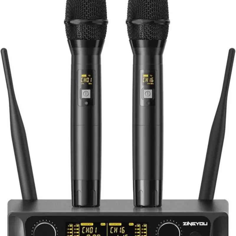 Wireless Microphone System with case, Metal UHF Dual Handheld 20 Channels Professional Cordless Mic