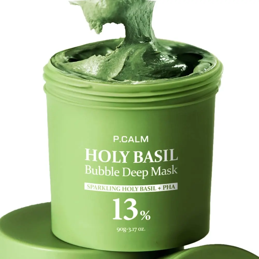 P.CALM Holy Basil Bubble Deep Mask – Holy Basil & Carbonated Water for Cleansing Pores & Blackheads, Korean Clay to Bubble Wash-Off Pack, Stocking Stufffers (90g / 3.17 oz)