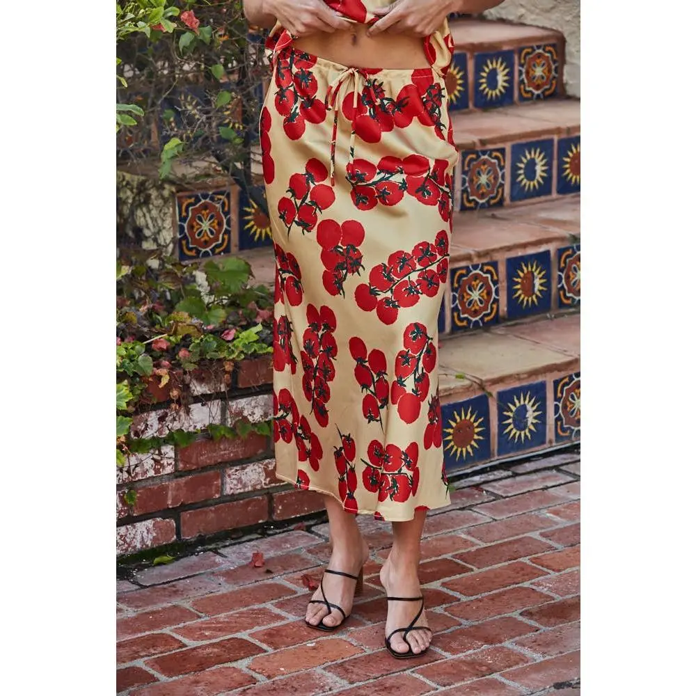 Woven Satin Tomato Print Skirt