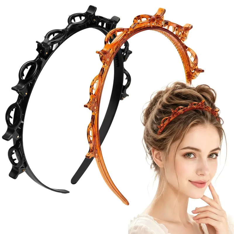 Women's Hair Accessories Kit Headbands - 2 Braided Bang Headbands with Teeth, Professional Braiding Clip, Invisible Fringe Styling Tool, Suitable for Fine & Thick Hair, Band Set Headbands
