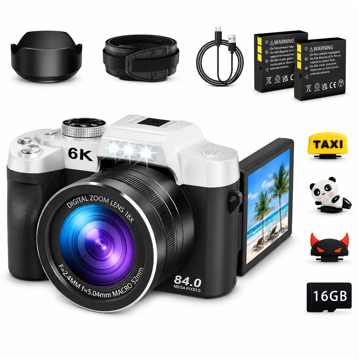 SpecHarge 6K Digital Vlogging Camera 84MP with 3 Inch Touchscreen 18X Optical Zoom Wide Angle Lens Hood 16GB Card 2 Batteries for Photography and Daily Recording