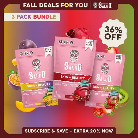 Salud 2-in-1 [Skin + Beauty - Trio] Collagen Peptides Drink Mix with Verisol, Hyaluronic Acid, Vitamin C, Biotin + Lustriva, Beauty Hydration Sticks, Gluten Free, For Men & Women (3-Pack, 45 Servings)