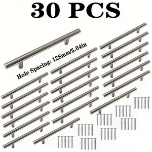 30 Pack Kitchen Cabinet Pulls T Handles Silver Stainless Steel 128mm/ 5", Suitable for kitchen, wardrobe, drawer, wooden door