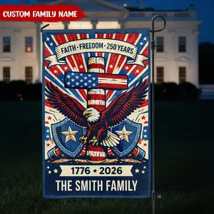 Faith Freedom America 250 Garden Flag, Personalized Family Name Patriotic Christian Yard Flag 1776–2026