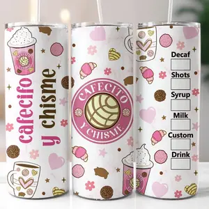 Cafecito y Chisme 20 ounce Tumblr with Decaf Shots Syrup Milk Custom Drink Options and Sweet Designs