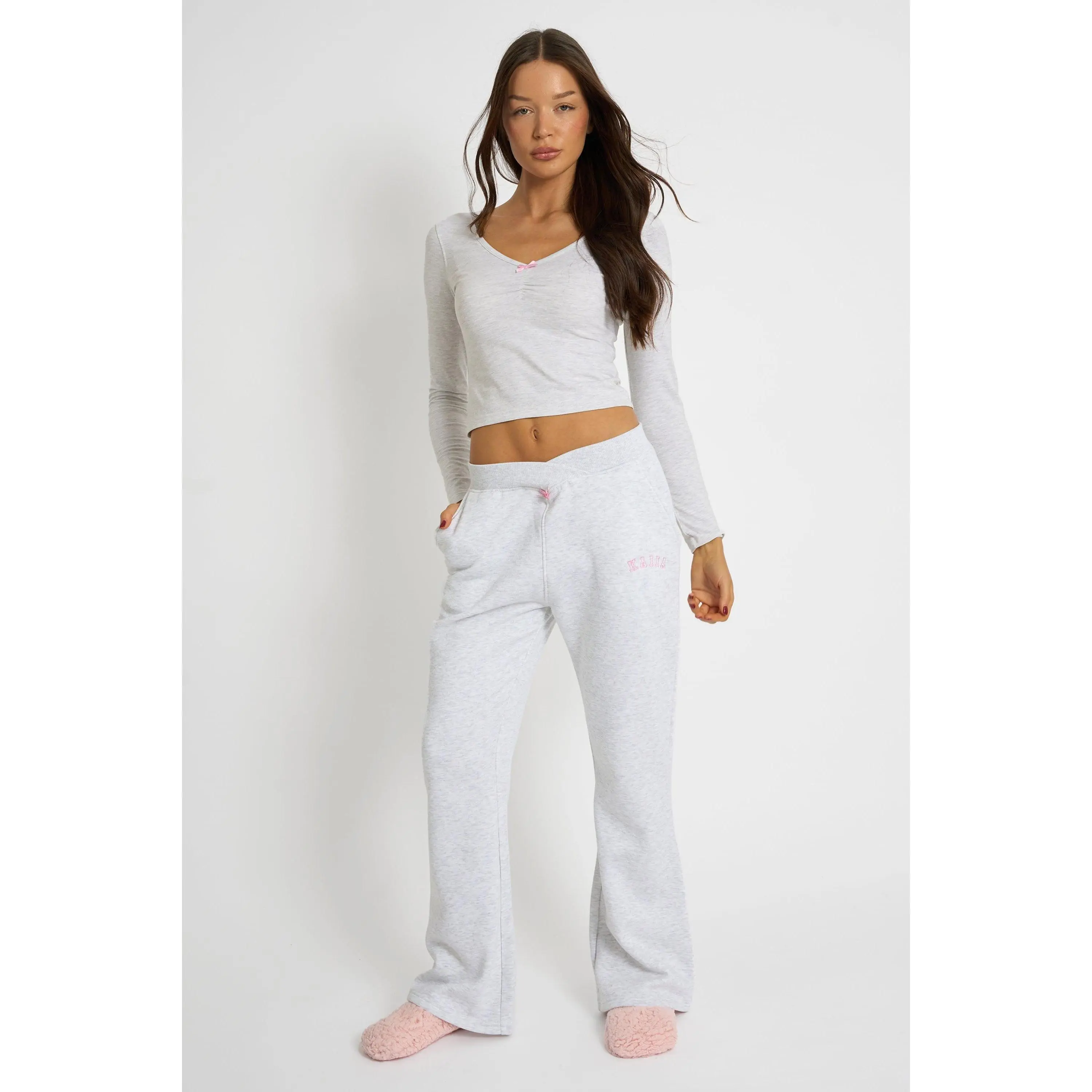 Kaiia Bow Detail Cross Over Waistband Joggers Light Grey Marl