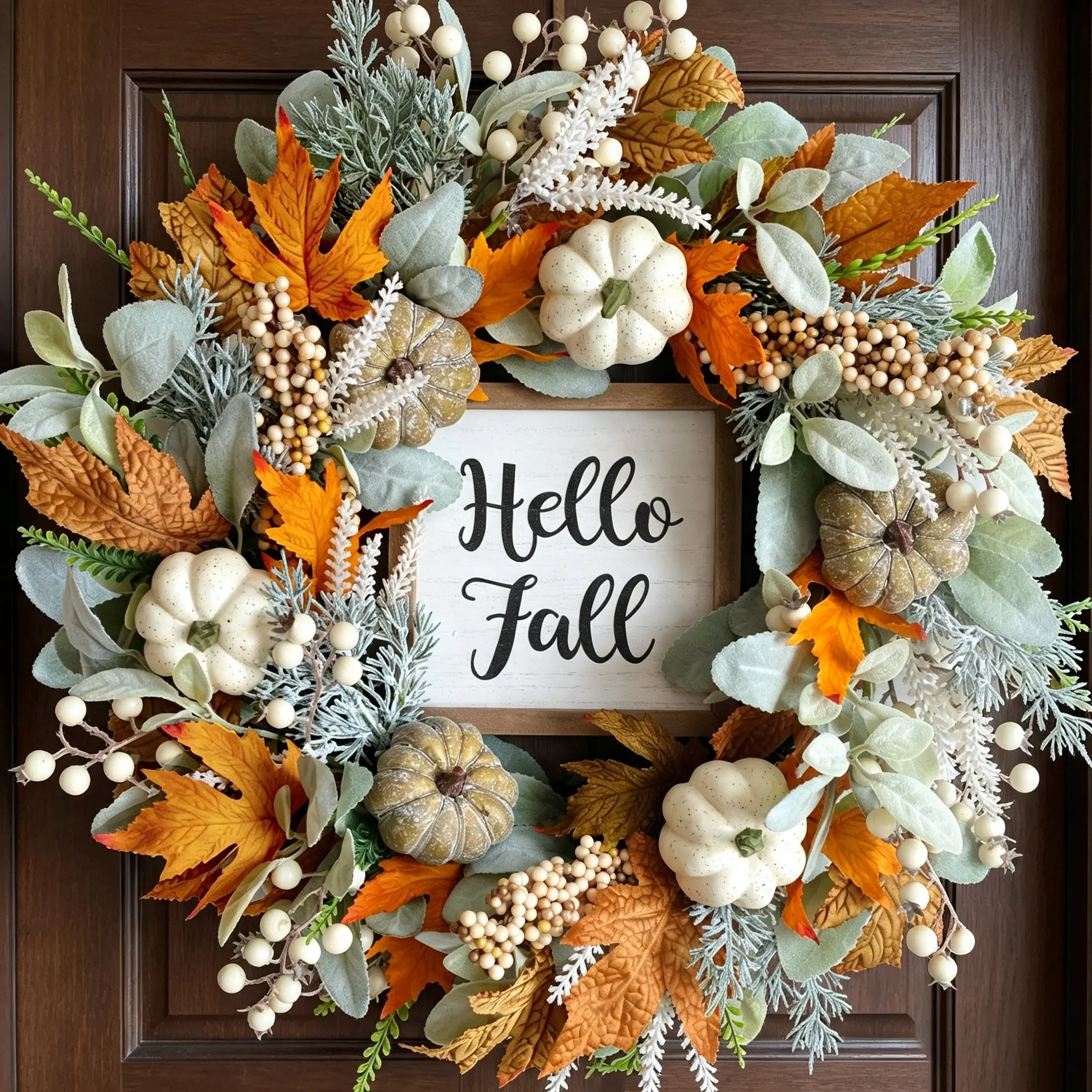 CIR OASES 20in Thanksgiving Fall Wreath with Eucalyptus, Berries, Pumpkins & Lamb Ears Leaves, Festive Decor for Front Door, Porch Wall