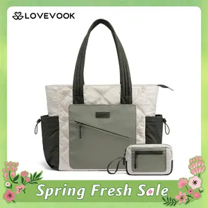 LOVEVOOK Laptop Tote Bag for Women, Large Quilted Puffer Tote bag with Four Cup Holders, Work and Travel Shoulder Bag, Lightweight Puffy bag, Nurse Handbag SpringStatements