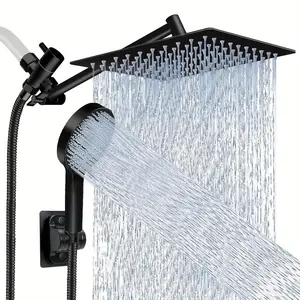 High Pressure Rainfall Handheld Shower Combo 11 Extension Arm 9 Settings Anti Leak with Holder Height Angle Adjustable Chrome Matte Black Fixed Showerheads