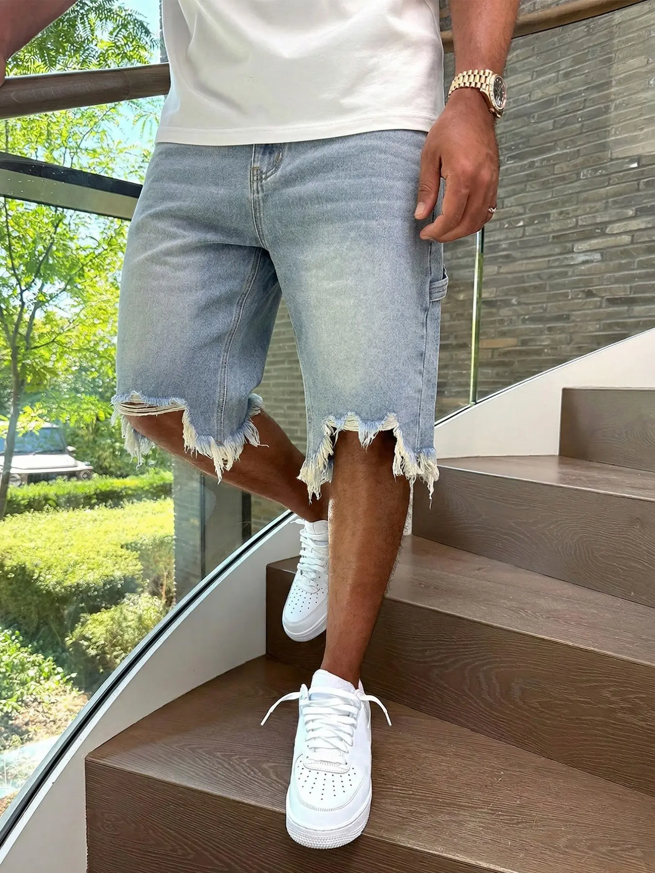 Men's Blue Washed Denim Jean Shorts, Non-Stretch Frayed Loose Fit Jorts, Streetwear, Menswear, Size XS-W30 to XXL-W40, S Fits W32