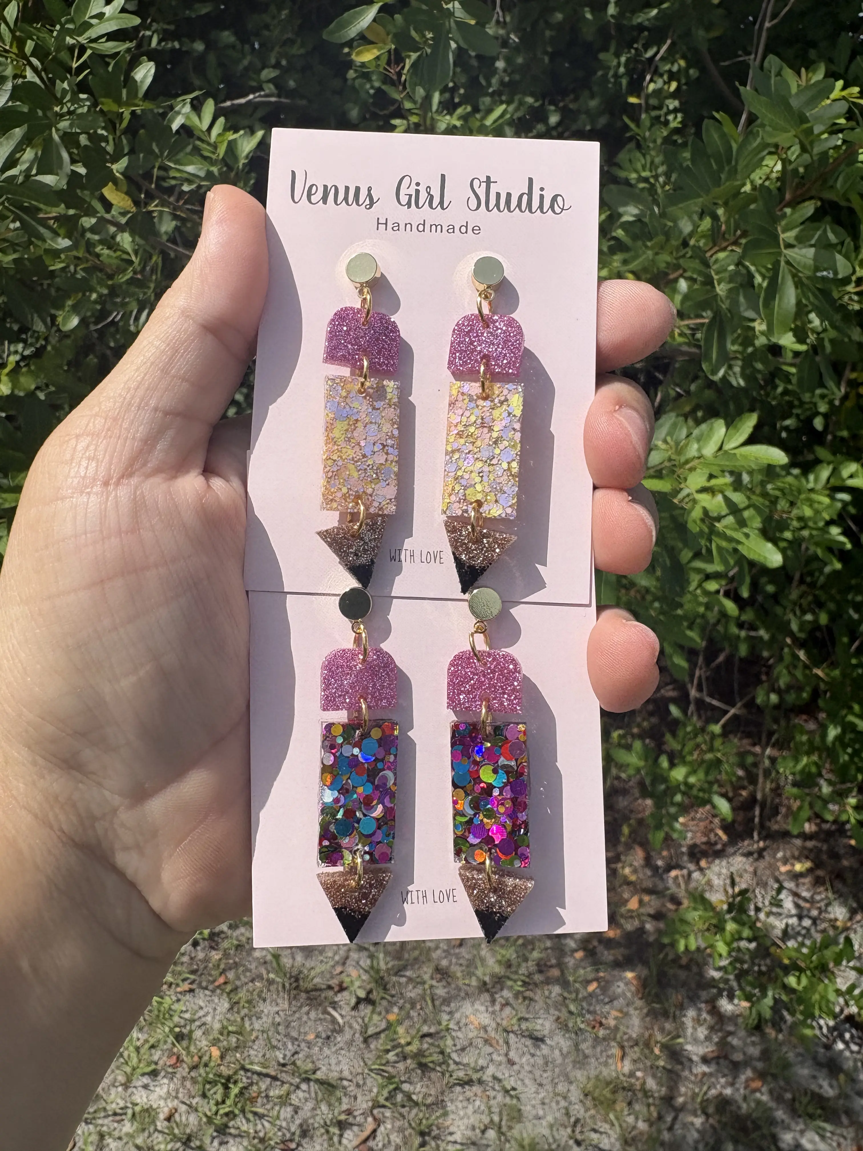Shimmery Pencil Resin Dangle Earrings, Back to School