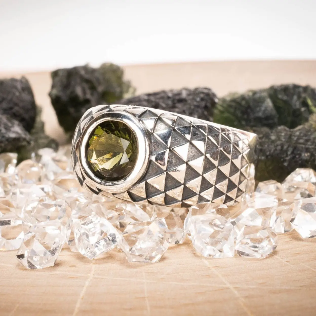 Moldavite Gemstone Mens Sunflower Ring .925 Silver