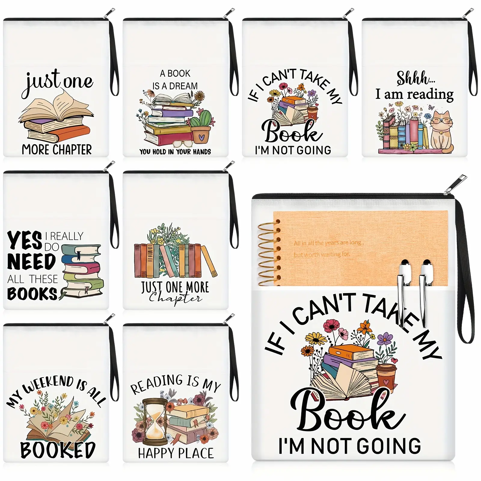 8pcs Book Club Gifts Book Pouch Sleeves Bulk With Zipper And Pocket Paperback Sleeve For Librarian Lovers Bookish Group Club Gifts, 11 X 8.7 Inch