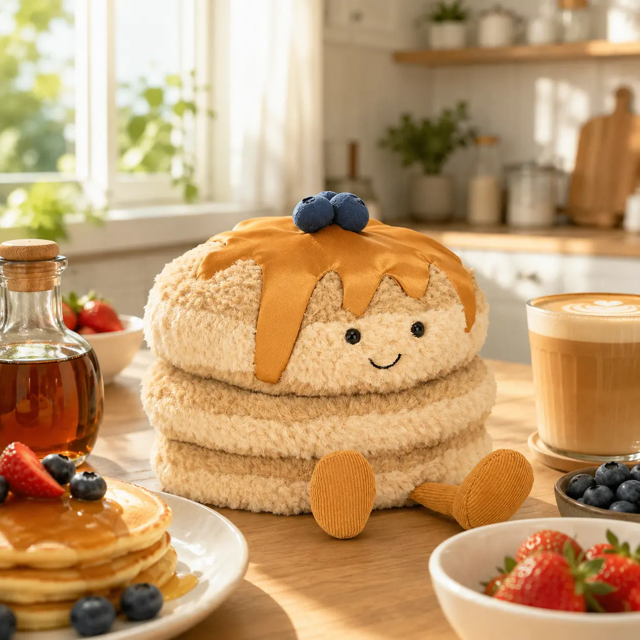 Jellycat Amuseables Pancakes Plush – Cute Fluffy Pancake Stack with Maple Syrup & Blueberries, Soft Breakfast Stuffed Toy, Fun Gift for Kids & Jellycat Collectors