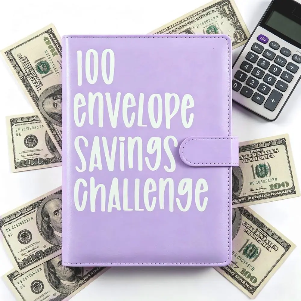 A5 savings challenge binder with 100 envelopes, plain minimalist matte cover, soft frosted plastic cash slots, savings record tracker card, black light, blush, pale pink, dual gradient tones, purple