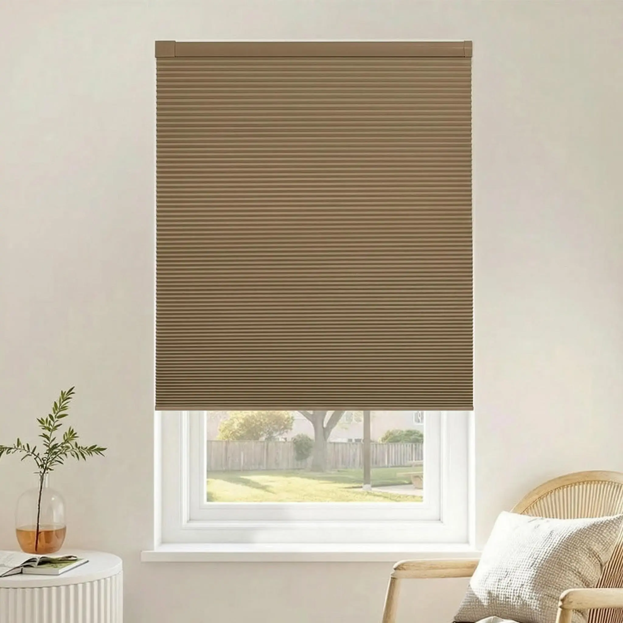 LUXEVOIR PANORAMIX Cordless No-Drill PVC Blackout Honeycomb Blinds, Custom & Adjustable Size Light-Blocking Cellular Window Shades, Adjustable Size Curtains for Bedroom, Nursery, Hotel - Brown