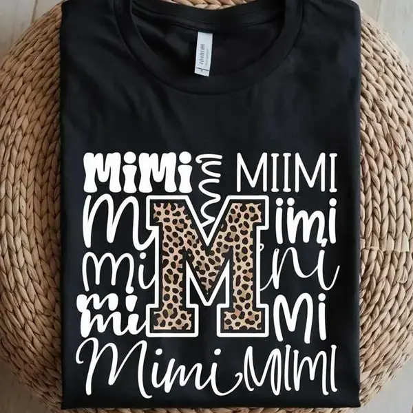 MIMI Graphic Tees Women's Cotton Top - Short Sleeve, Crew Neck, Black with Leopard Print "mimi" Design, Mimis Fashion Printed Casual Comfortable Fit, Women's Clothing