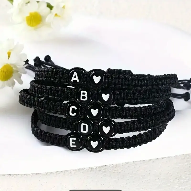 26pcs Women'S Heart-Shaped Alphabet Bracelet Set - Black & Letter Beads with Heart Charms, Interlocking Chain Design, Durable Jewelry for Couples