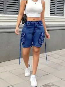 Women's High-Waisted Stretch Denim Shorts with Side Accordion Pockets - Lightweight 350gsm -Blend Fabric, Machine Washable Casual Streetwear for Spring/Summer Womenswear Bottom