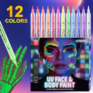 Temporary Tattoo Glow Pen Set, 12 Body Marking Pens, Flexible Brush Heads, Vibrant Colors, Halloween Makeup Kit, Perfect Christmas Gift, Luminous, UV, Marker