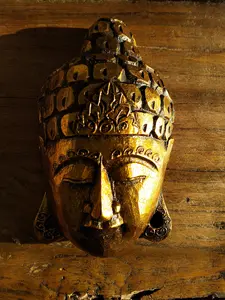 Golden Serenity Wooden Buddha Mask – Hand-Carved in Exotic Bali, Housewarming Gift, Tropical, Modern, Elegant, Adds Calming Tranquility to Your Room, Hallway, Office or Shop