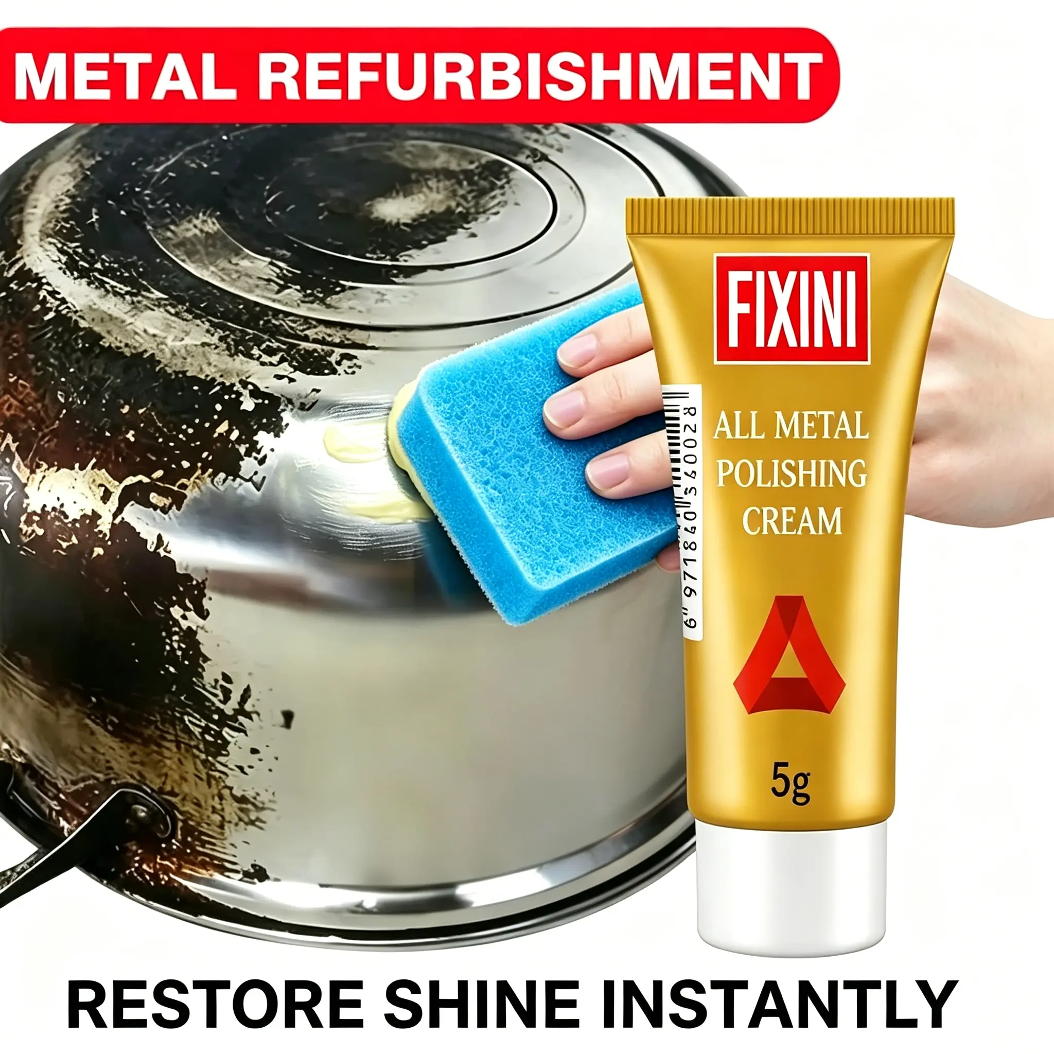 5g All Metal Polishing Cream with Sponge, Multipurpose Metal Cleaner for Rust Removal, Shine Restoration for Kitchen Hardware & Metal Surfaces