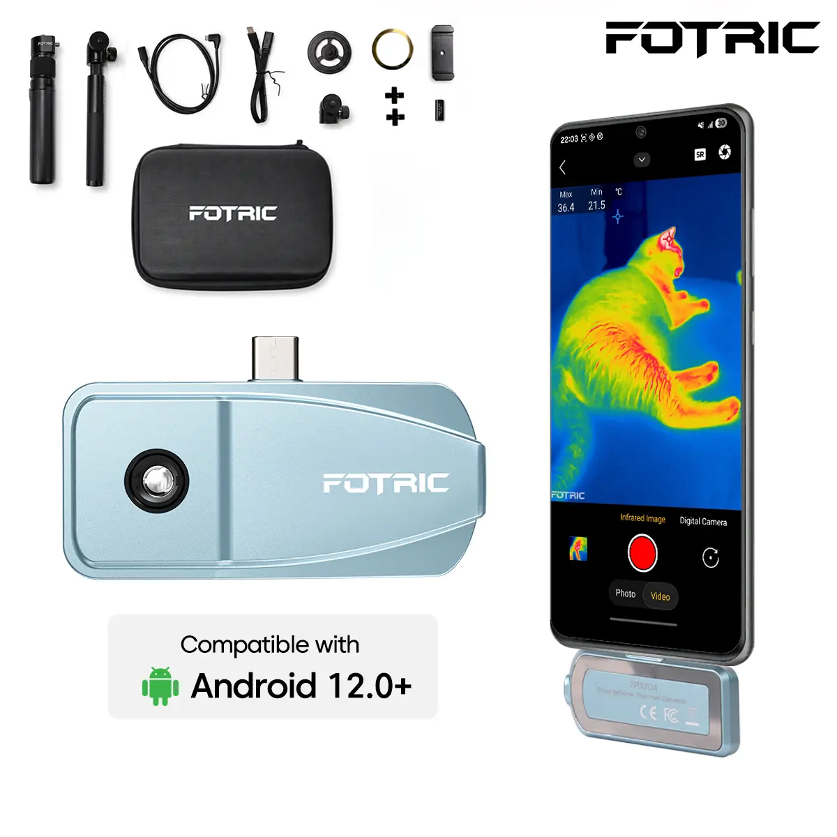 FOTRIC TP320A Professional Thermal Imaging Camera for Android 12+, 640×480 Super Resolution, -4°F to 1022°F Temp Range, 25Hz, 35mK Sensitivity, USB-C Smartphone Thermal Imager with Accessories for HVAC Temperature Monitoring, Automotive Inspections