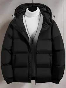 Men's Plain Pocket Zip Up Thick Warm Hooded Puffer Coat, Regular Fit Long Sleeve Padded Winter Coat, Casual Tops Beige Black jackets oktoberfest outfit winter coat boyfriend Menswear