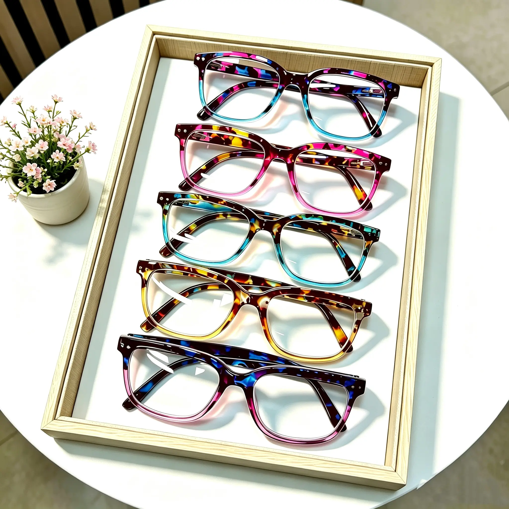Unisex 5-Pair Square Tortoiseshell Fashion Reading Glasses with Chain, Blue Light Blocking, Spring Hinges, 0–+6.0 Diopters, Plastic (PC) Frame, Ideal for Reading, Adult Holiday/Birthday Gift， design