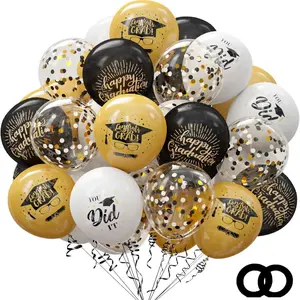 42-Pack Graduation Party Decor Balloon Set | Balloon Decorations Kit | 12 Inch Black and Gold Latex Balloons + Balloon Ribbon | Perfect for Graduation Party, Ceremony, Class Gathering, Photo Background | Helium Floatable | Indoor Outdoor Decor