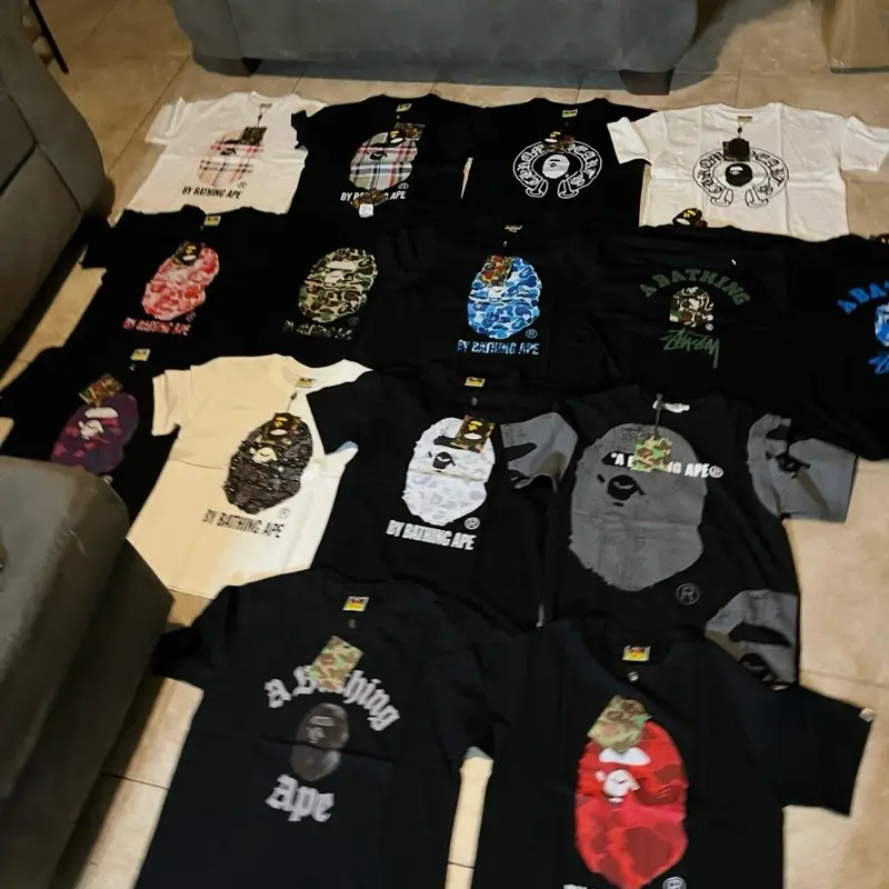 Menswear Casual Short-Sleeve Shirt, BAPE White & Black Tee with Ape Head Graphic Streetwear Camo Tshirt
