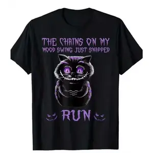 Creepy Cheshire Cat Graphic Oversized T-Shirt, "The Chains On My Mood Swing Just Snapped RUN" Cute Cotton Comfort Outfit, Gothic Fashion Tee, Perfect Valentine's Day Gift for Her Him, Best Holiday Present for Family Friends
