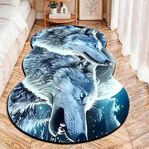 2D Flat velvet irregular rug with icy blue double wolf pattern, machine washable non-slip carpet for bedroom, all seasons & holiday decor, durable & easy to clean.
