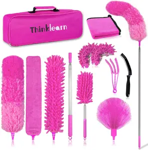 THINKLEARN Microfiber Dusters for Cleaning, Pink Cleaning Appliances, 14PCS Feather Retractable Hand Brush with Extension Pole for High Ceilings